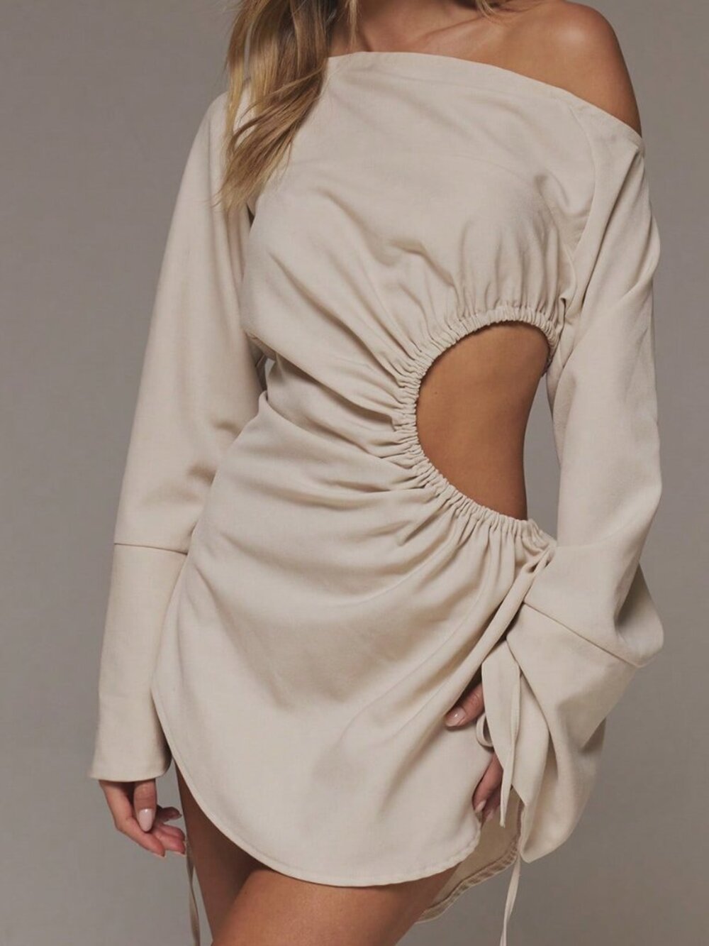 Cream Casual Women's Cut Out Ruched Side Curved Hem Mini Dress - Picture 5 of 6